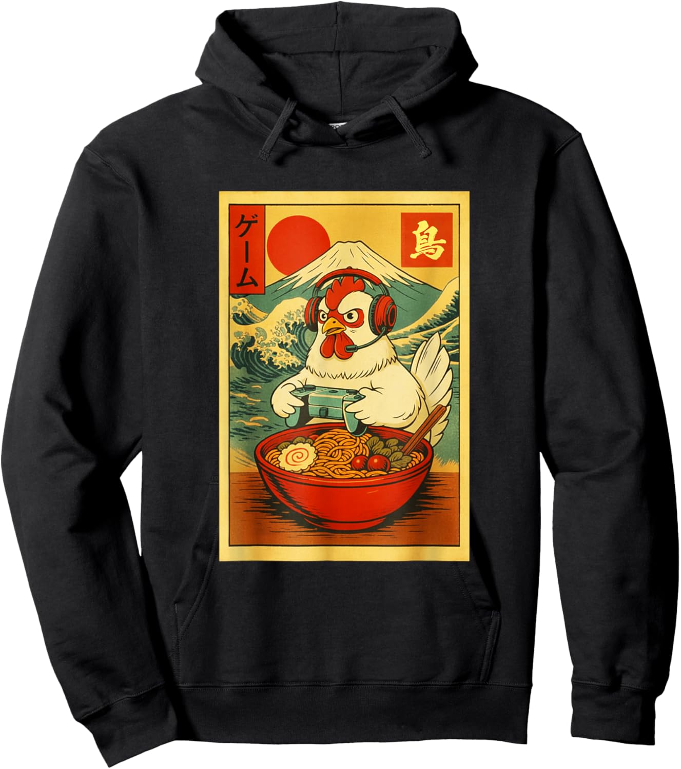 Chicken Gaming Ramen Japanese Ukiyo-e Great Wave Retro Art Hoodie - Hoodie | Black