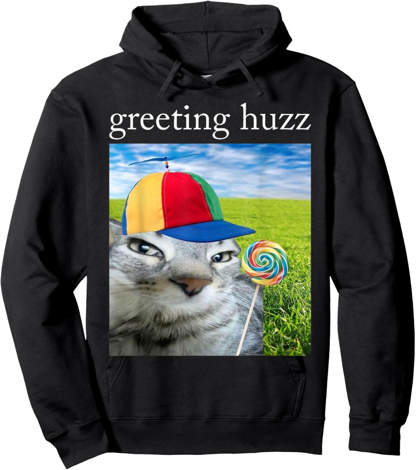 Greetings Huzz Funny Silly Cat with Lollipop Gen Z Meme Hoodie - Hoodie | Black