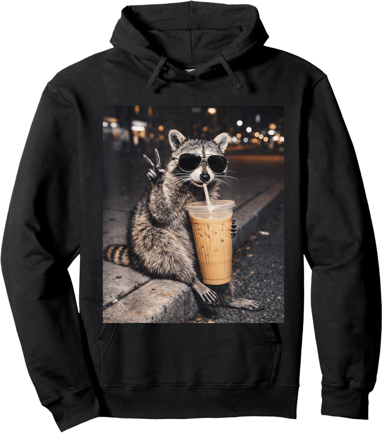 Raccoon Drinking Iced Coffee Funny Animal Meme Hoodie - Hoodie | Black