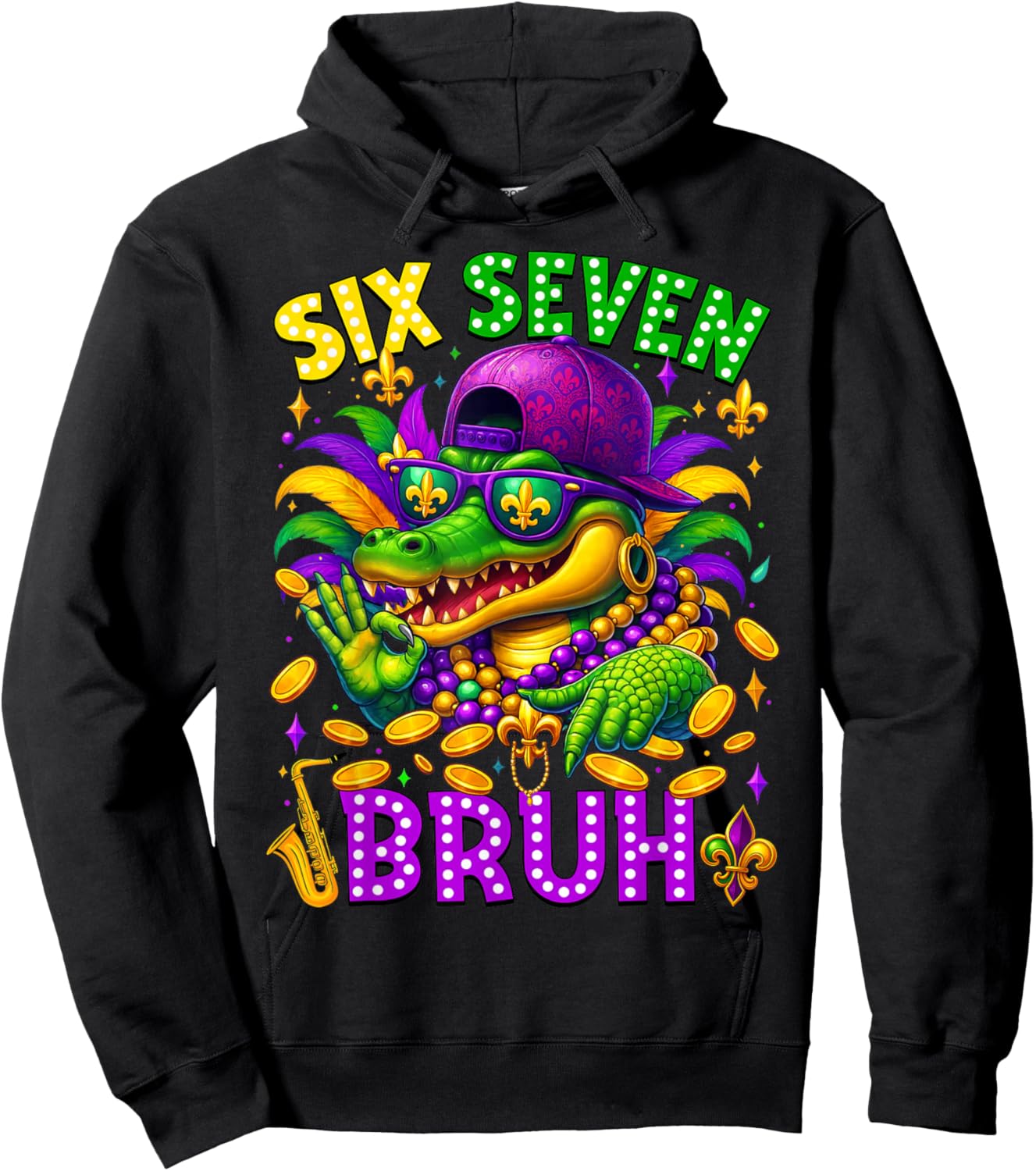 Mardi Gras Six Seven Bruh Mardigator Alligator 6 7 Meme Boy Hoodie - Hoodie | Black