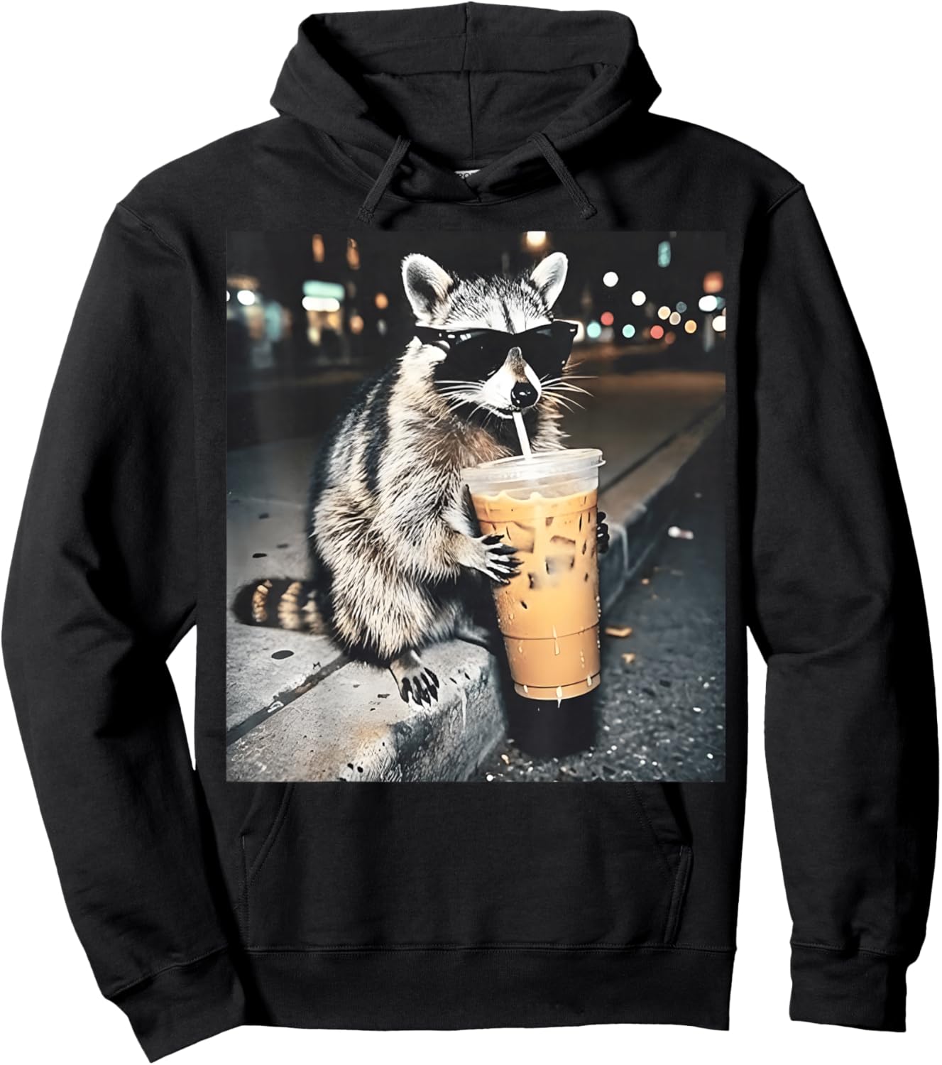Raccoon Drinking Iced Coffee Funny Animal Meme Men Women Hoodie - Hoodie | Black