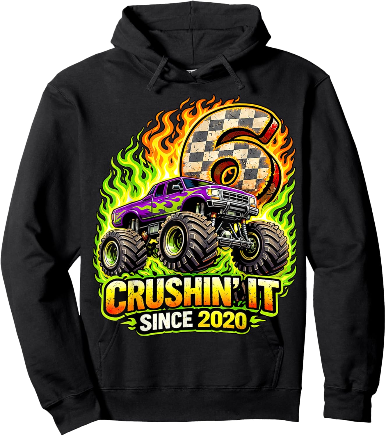 Birthday Monster Truck 6 Year Old Boys 6th Party Born 2020 Hoodie - Hoodie | Black