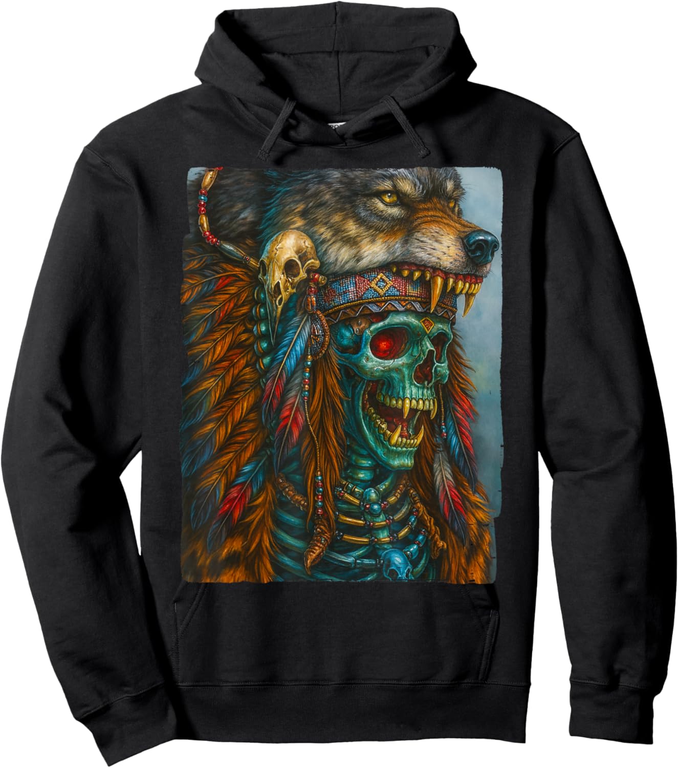 Native American - Chief Warrior - Indian Wolf Headdress Hoodie - Hoodie | Black