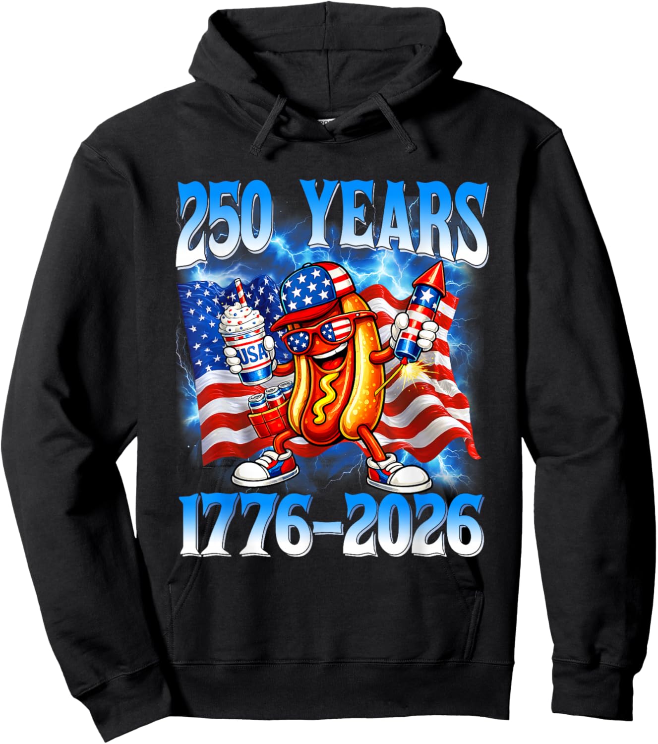 250 Years 1776 2026 250th American Flag 4th of July Hotdog Hoodie - Hoodie | Black