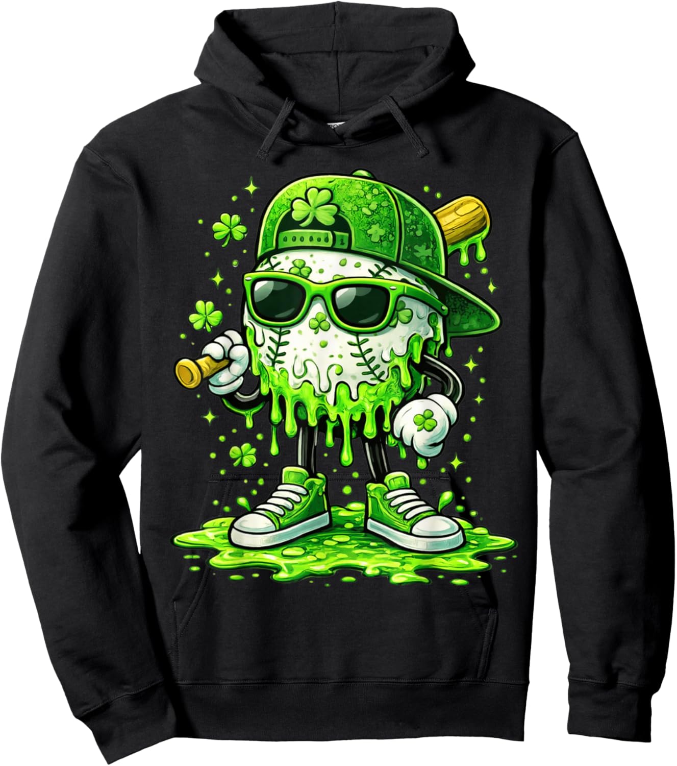 St Patricks Day Baseball Ice Cream Drip Shamrock Kids Boys Hoodie - Hoodie | Black
