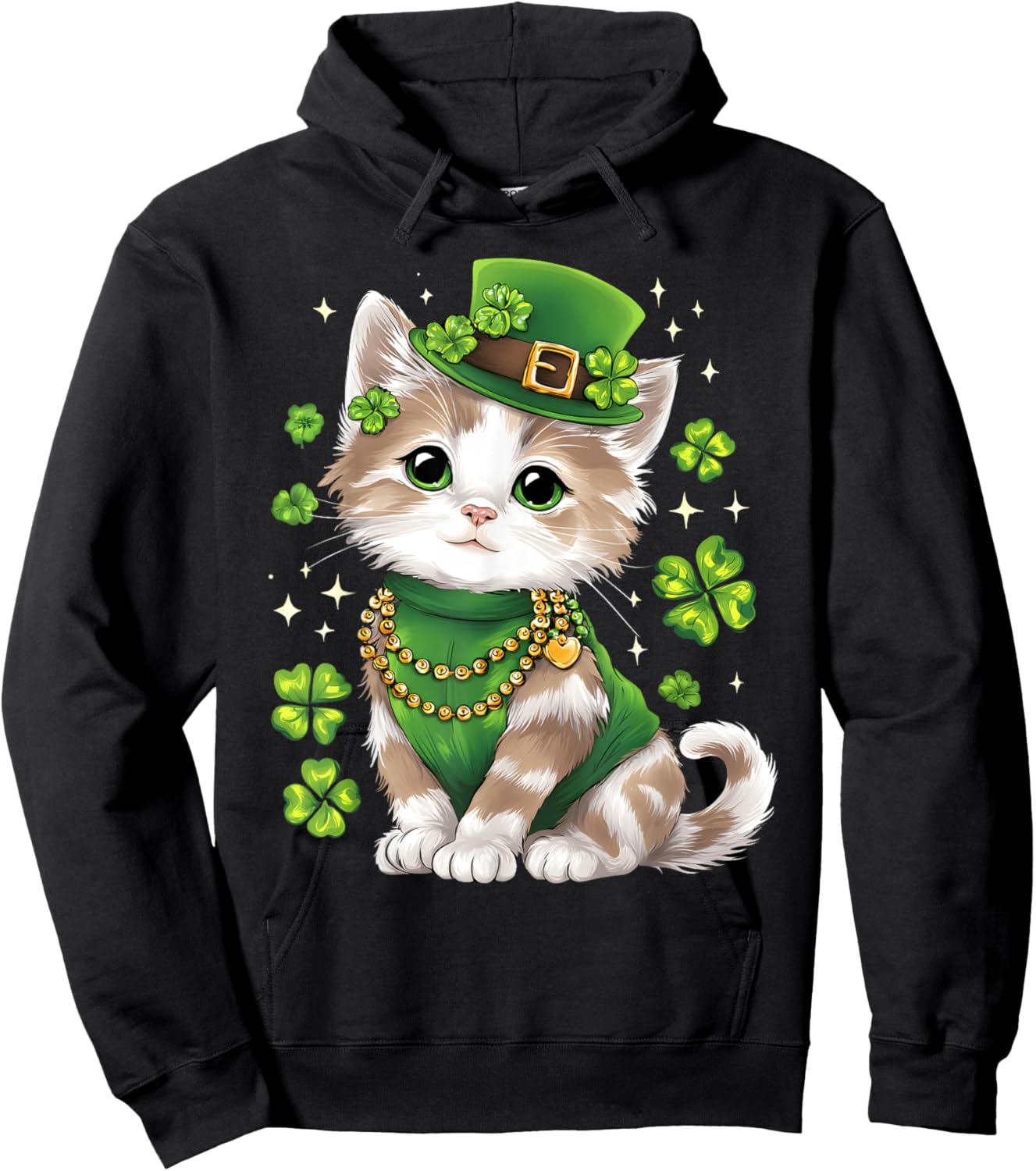 St Patricks Day Cat Leprechaun Hat Shamrock Saint Pattys Day Hoodie - Hoodie | Black