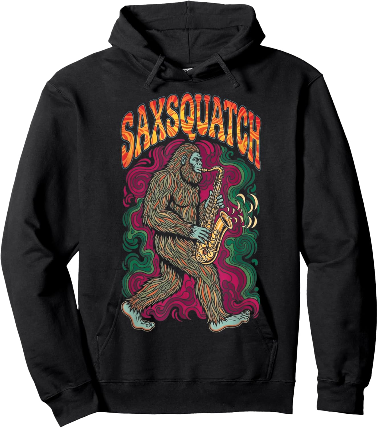 Vintage Sax-Squatch Retro Bigfoot Playing Saxophone Hoodie - Hoodie | Black