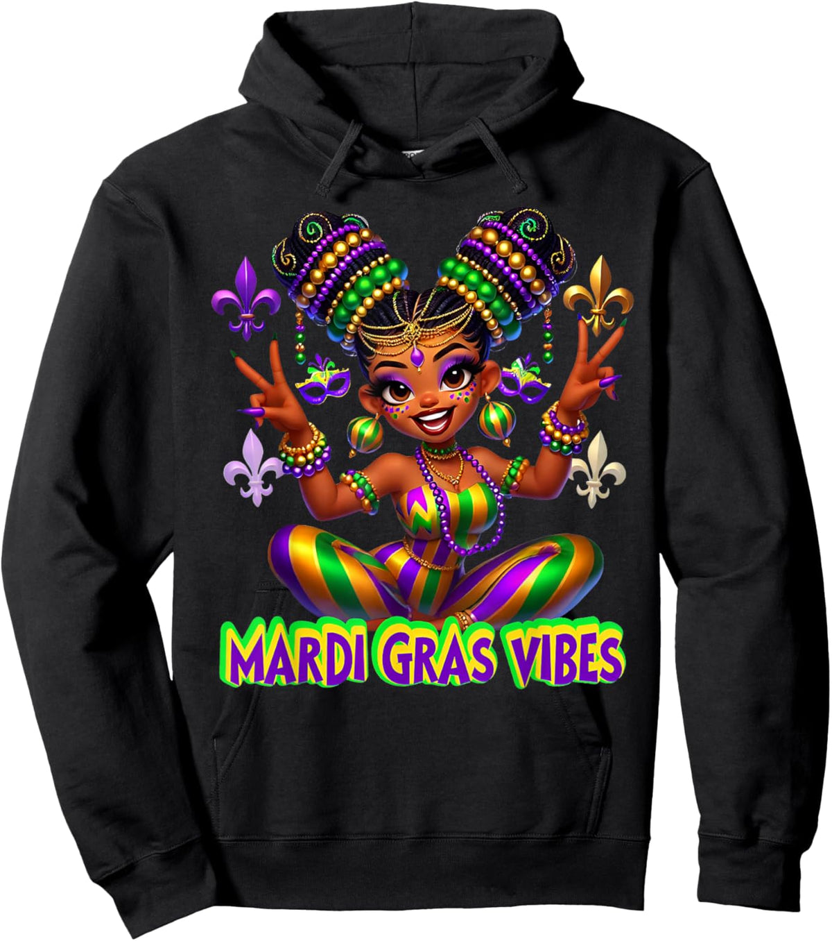 Mardi Gras Vibes Carnival New Orleans Beads Fleur De Lis Hoodie - Hoodie | Black