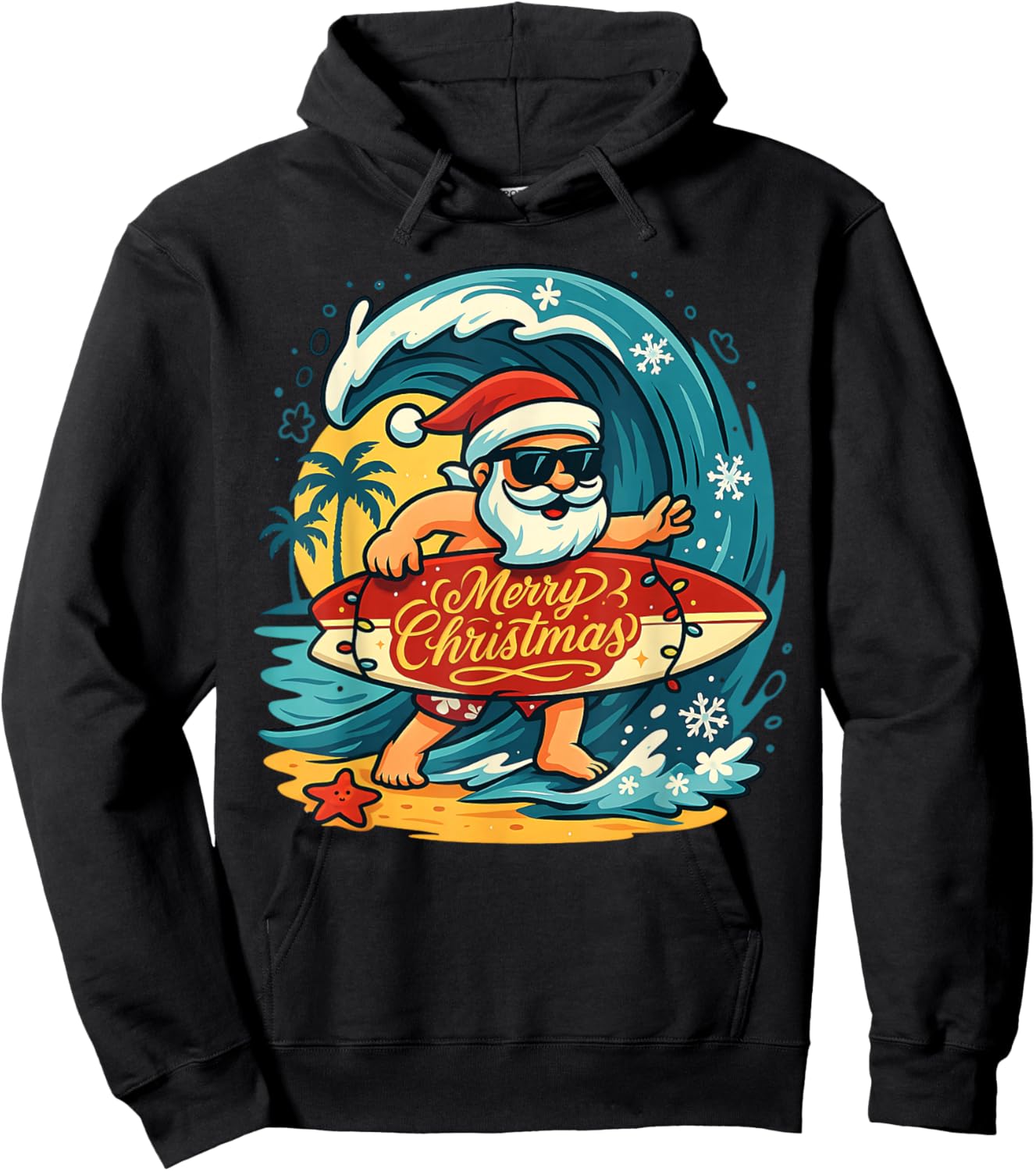 Santa Surfing Hawaiian Beach Christmas in July Tropical Xmas Hoodie - Hoodie | Black