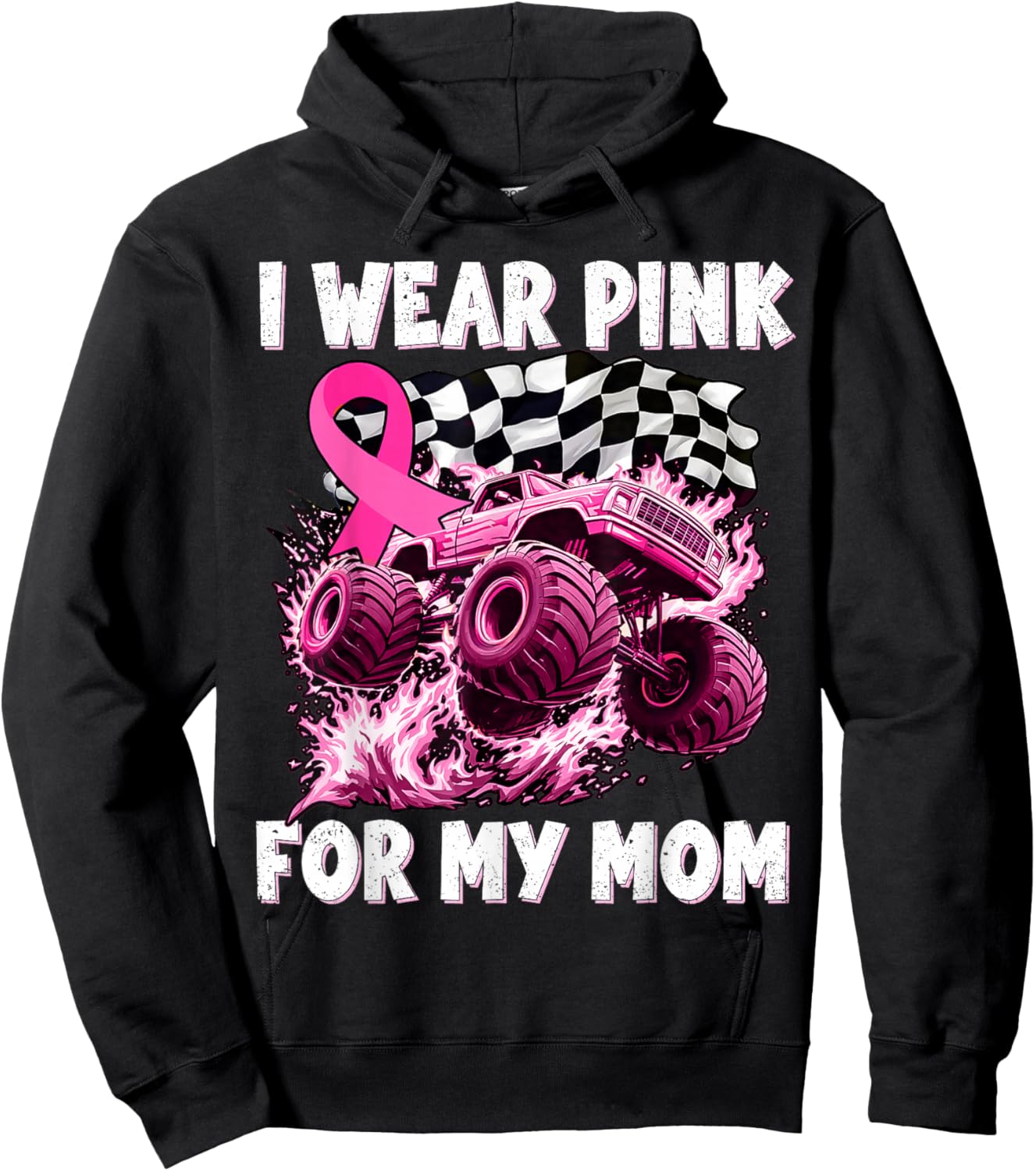 I Wear Pink for My Mom Breast Cancer Monster Truck Youth Kid Hoodie - Hoodie | Black