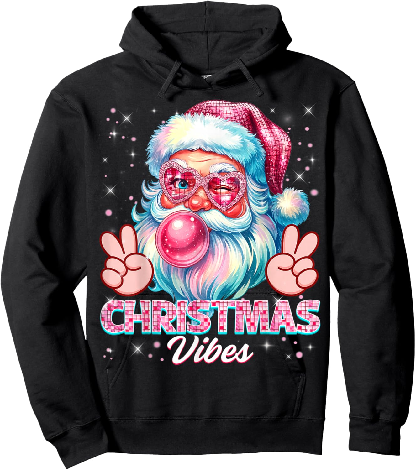 Christmas Vibes Cute Pink Santa Vintage Retro Pjs Women Girl Hoodie - Hoodie | Black