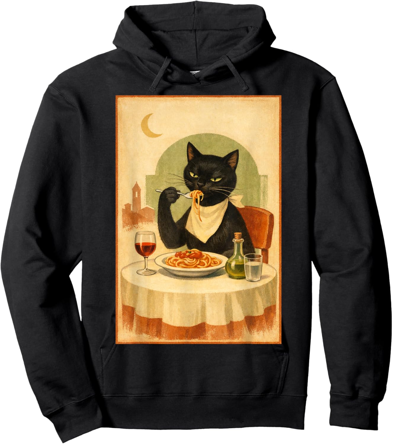 Black Cat Eating Spaghetti Illustration Hoodie - Hoodie | Black