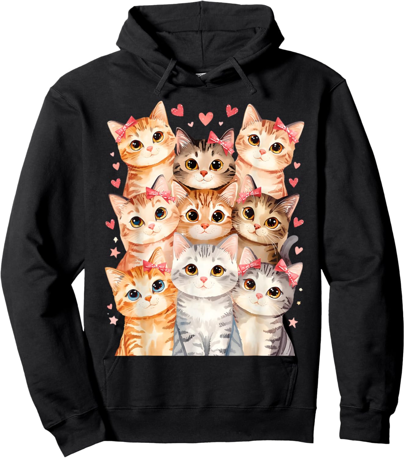 Cat Loving Girls Nine Cats with Pink Bows and Love Heart Hoodie - Hoodie | Black