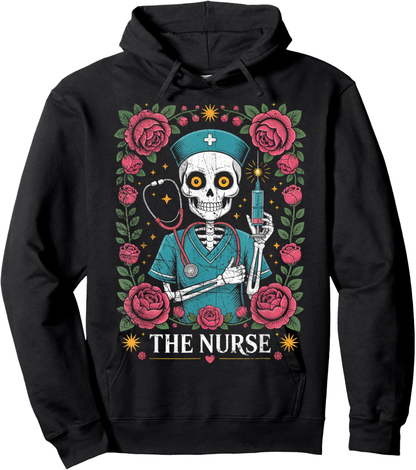 The Nurse Skeleton and Flower Hoodie - Hoodie | Black