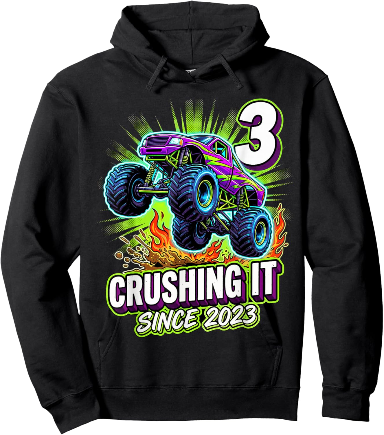 Birthday Monster Truck 3 Year Old Boys 3rd Party Born 2023 Hoodie - Hoodie | Black