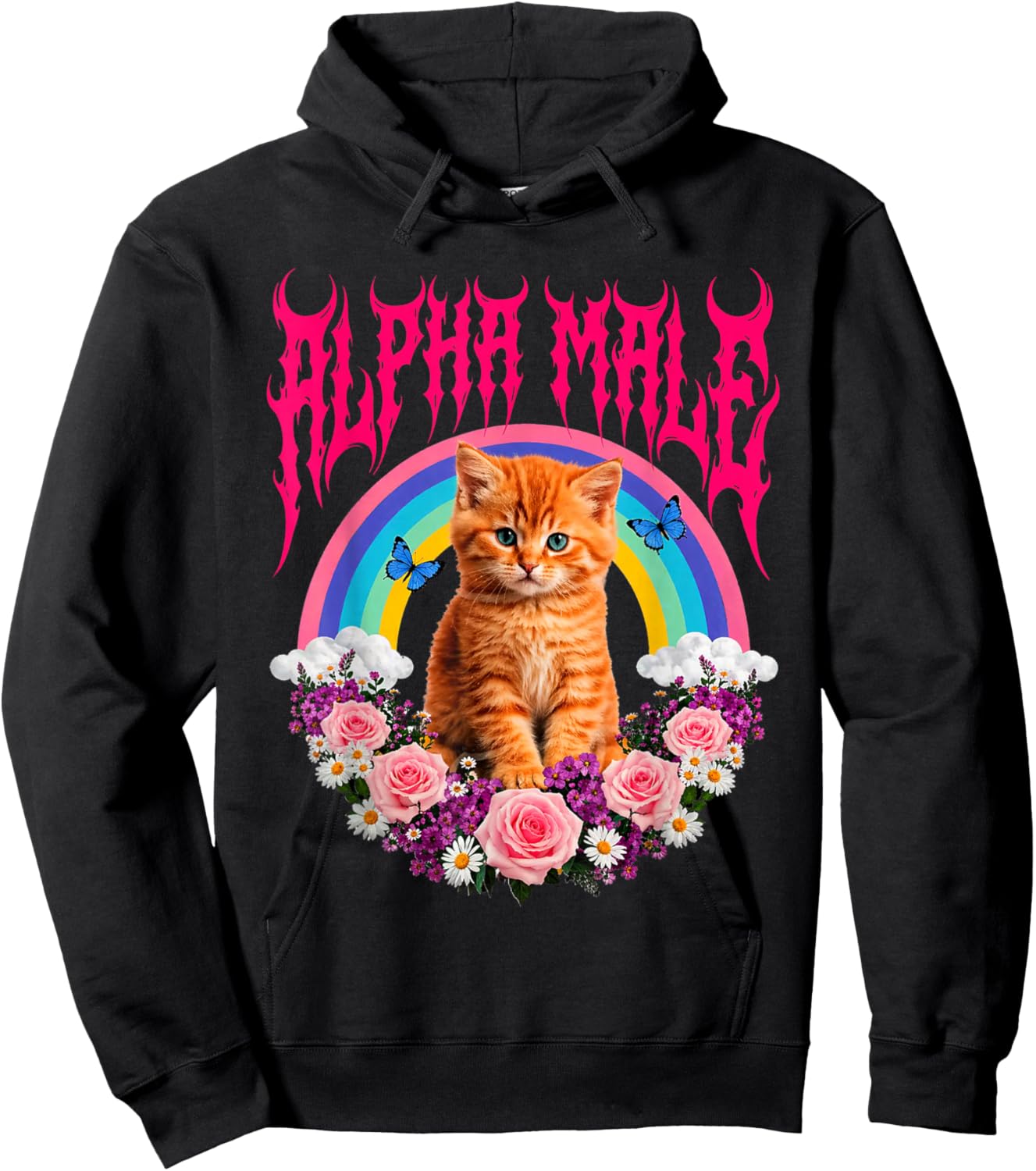 Cute Alpha Male Funny Cat Kitten Rainbow Floral Hoodie - Hoodie | Black