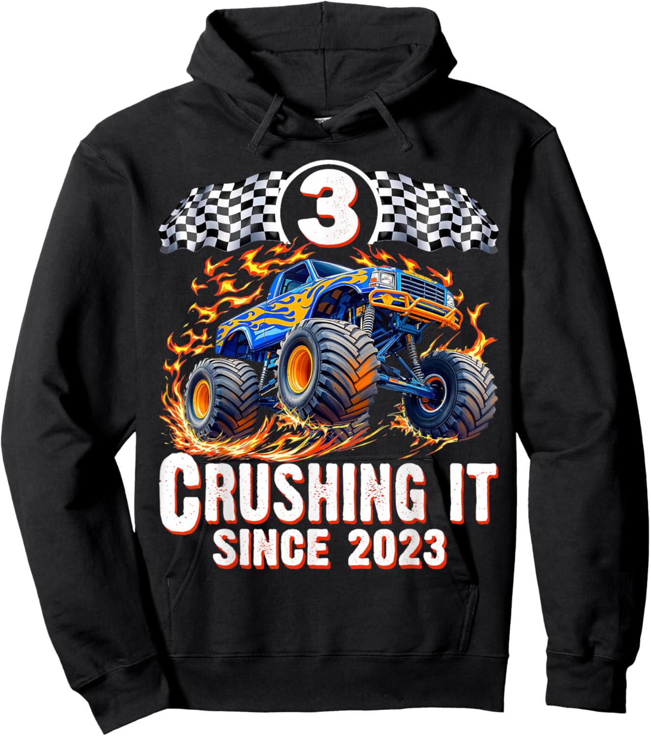 Birthday Monster Truck 3 Year Old Boys 3rd Party Born 2023 Hoodie - Hoodie | Black