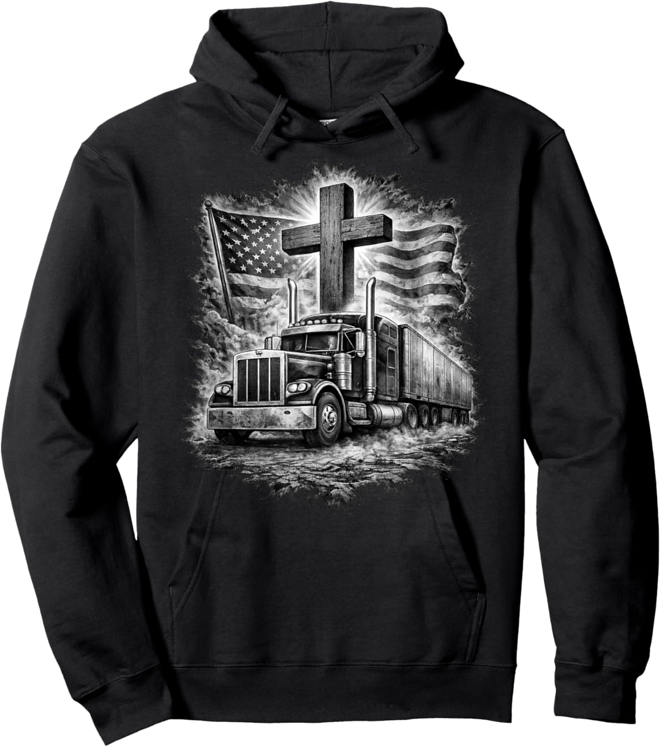 Trucker Patriotic American Flag Christian Cross Semi Truck Hoodie - Hoodie | Black