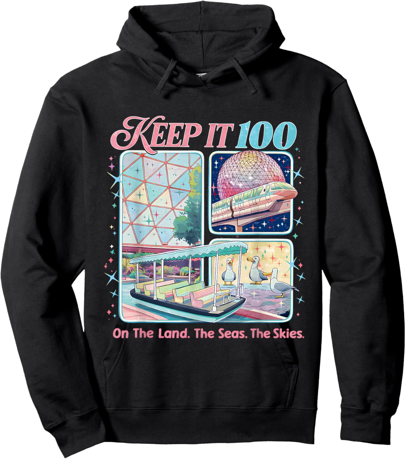Keep It 100 Retro Travel Aesthetic Land Sea Sky Hoodie - Hoodie | Black