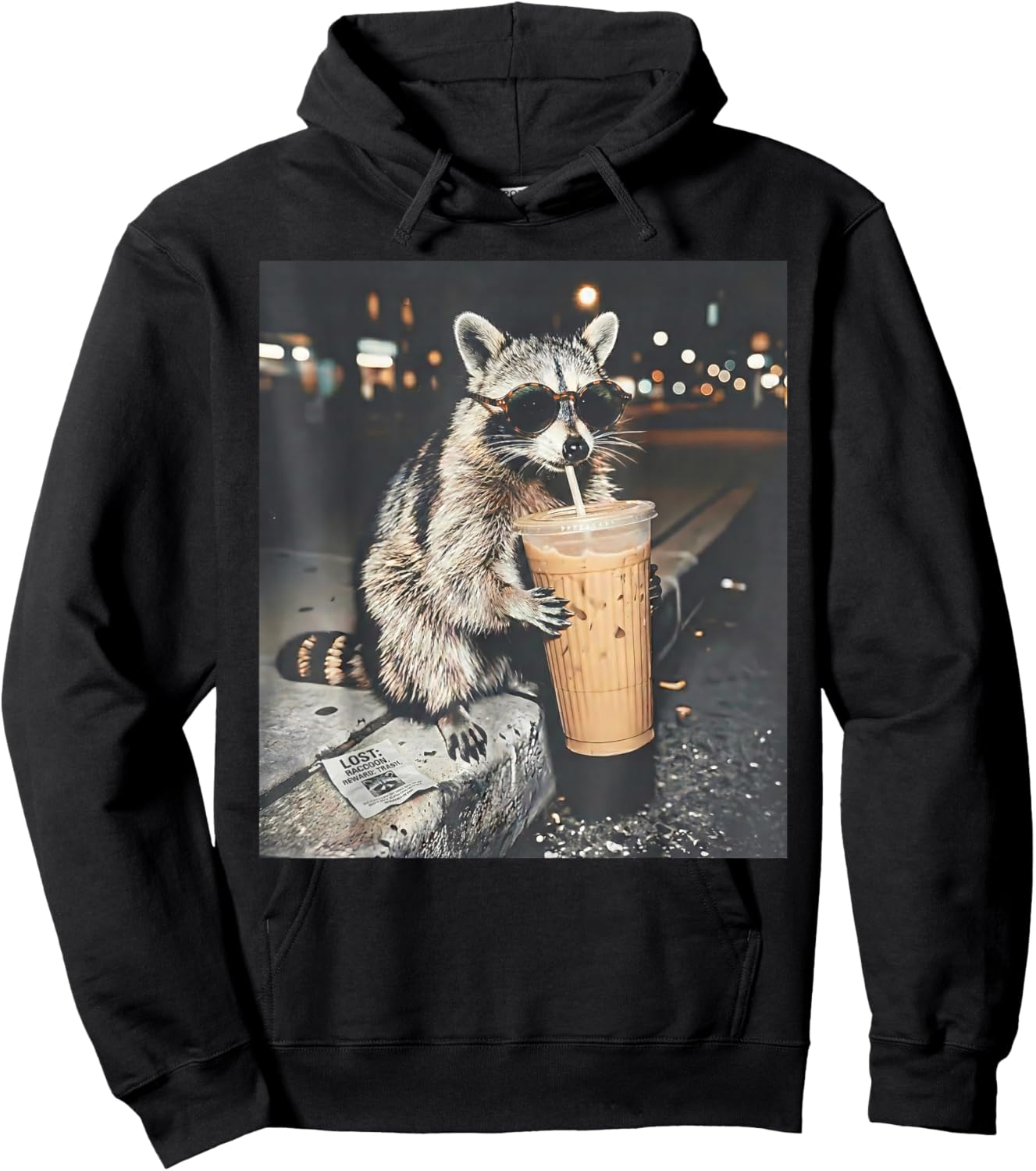 Funny Raccoon Drinking Iced Coffee at Night Animal Meme Hoodie - Hoodie | Black
