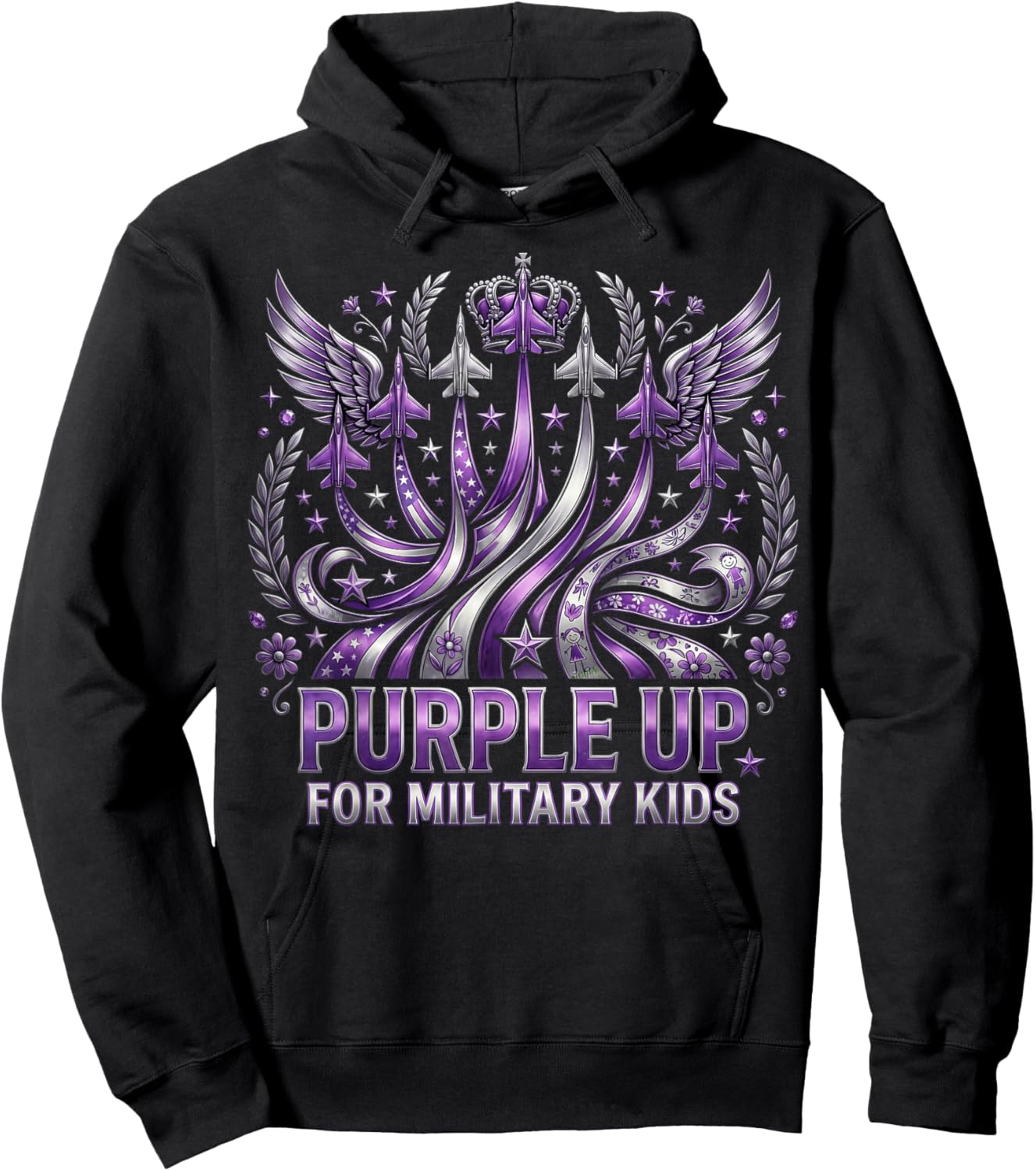 Military Child Month USA Flag Purple Up for Military Kids Hoodie - Hoodie | Black