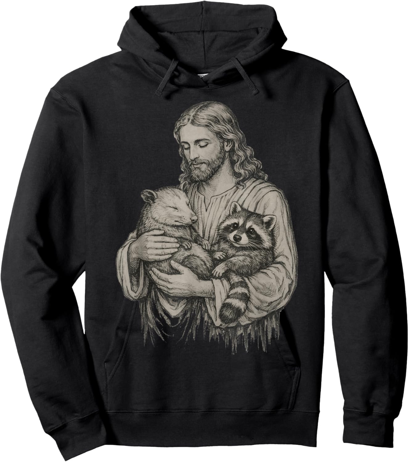 Jesus Holding Opossum and Raccoon Christian Religious Funny Hoodie - Hoodie | Black
