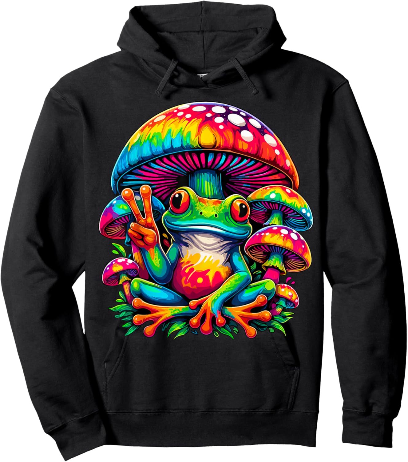 Tie-Dye Frog Peace Sign Mushroom Hippie Hoodie - Hoodie | Black