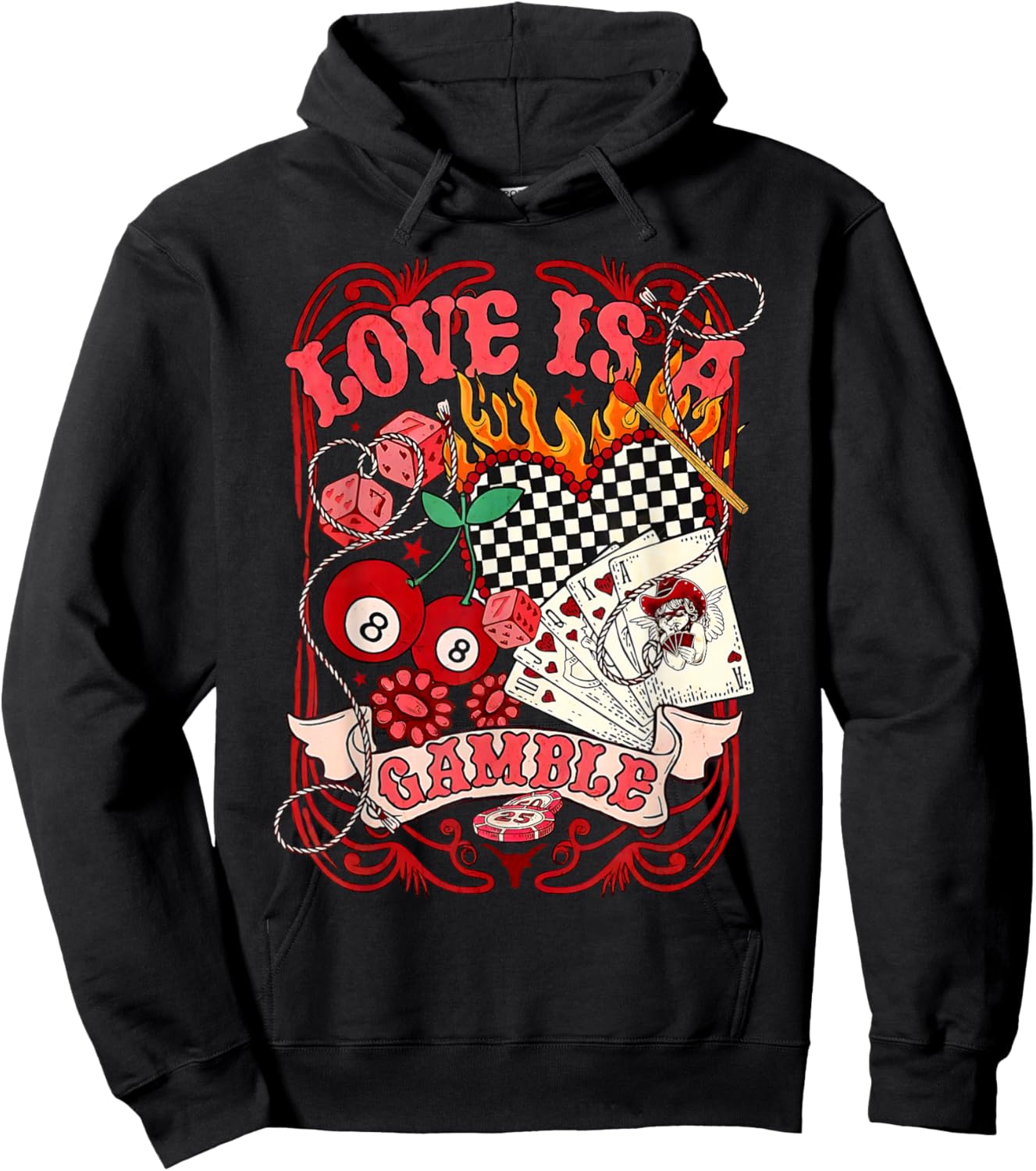 Love is A Retro Cowboy Wild West Checkered Game Valentines Hoodie - Hoodie | Black