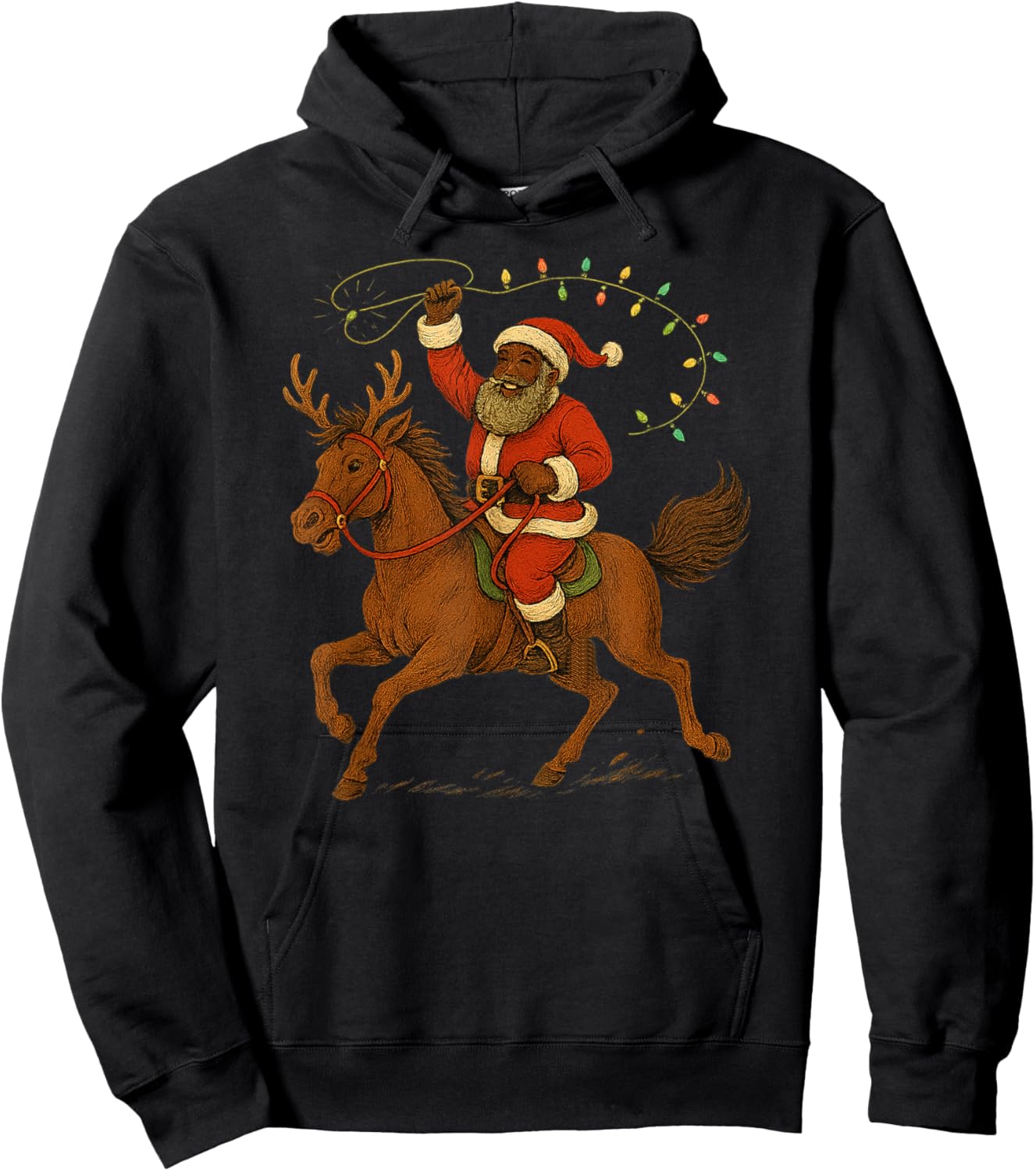 African American Santa Claus Western Rodeo Reindeer Horse Hoodie - Hoodie | Black