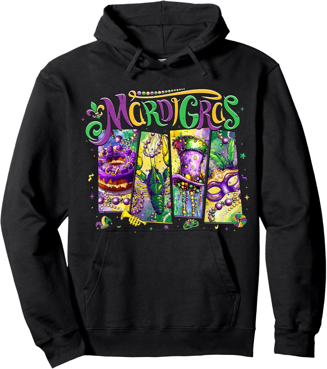 Funny Mardi Gras Vibes Fleur De Lis King Cake Crawfish Mask Hoodie - Hoodie | Black