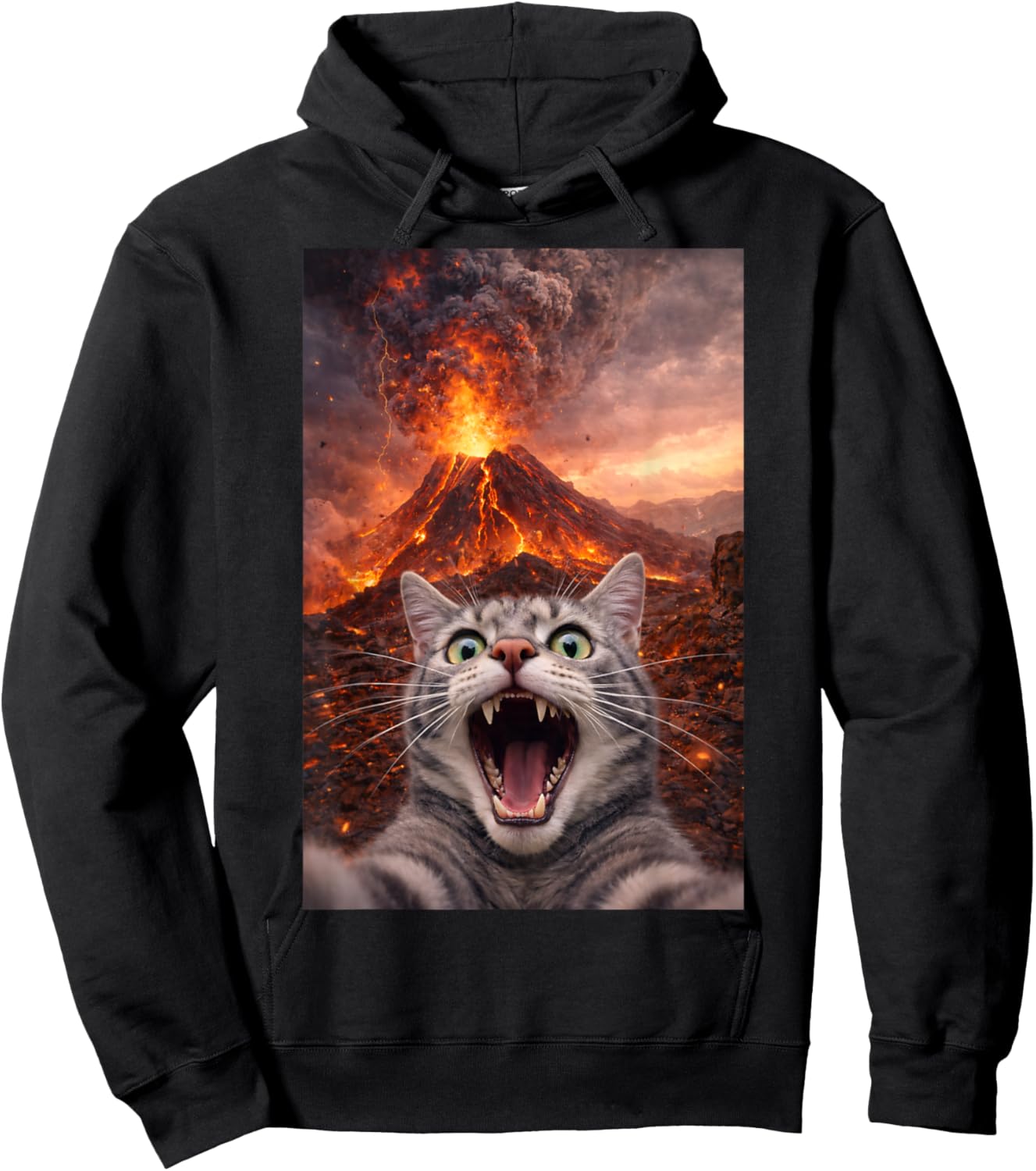 Funny Scared Cat Selfie During Volcano Eruption Hoodie - Hoodie | Black