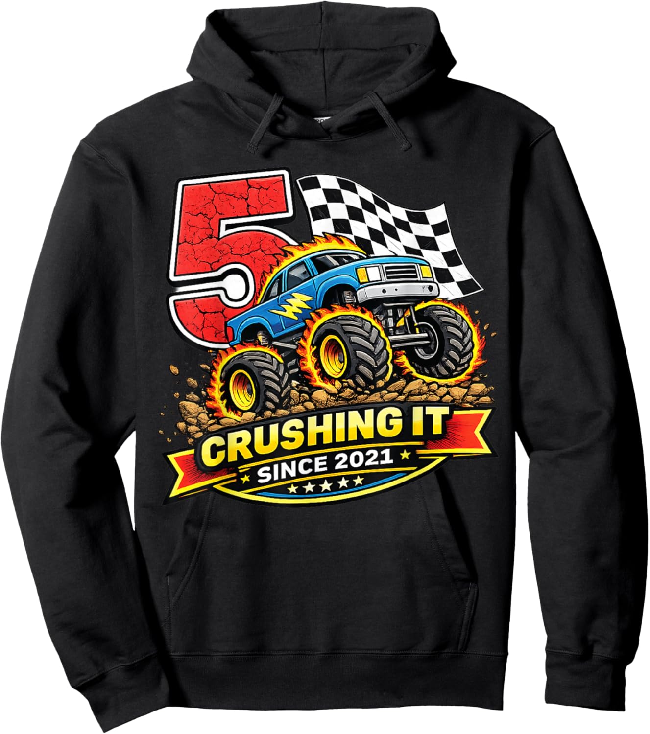 Birthday Monster Truck 5 Year Old Boys 5th Party Born 2021 Hoodie - Hoodie | Black