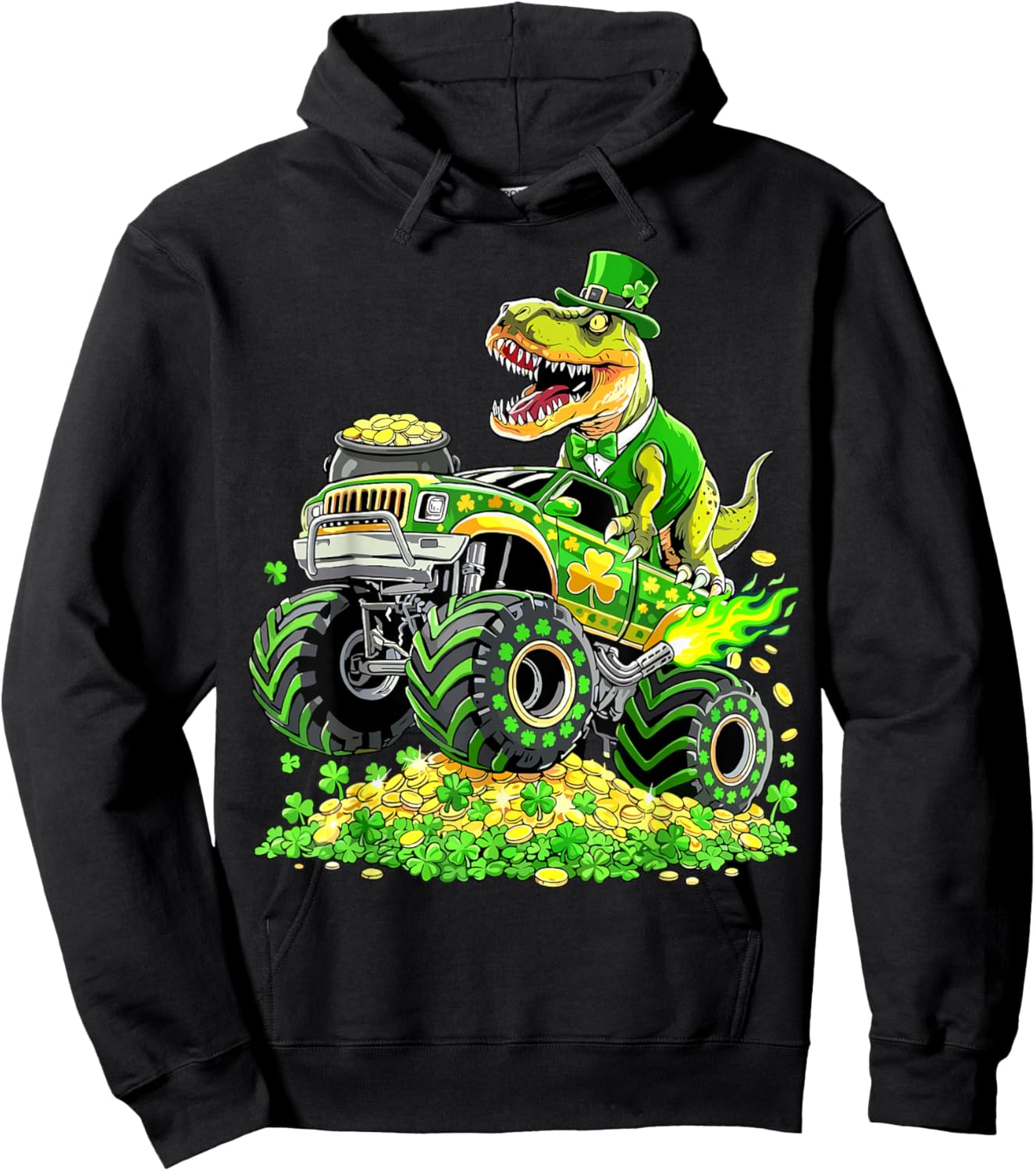 St Patricks Day T Rex Monster Truck Shamrock Hoodie - Hoodie | Black