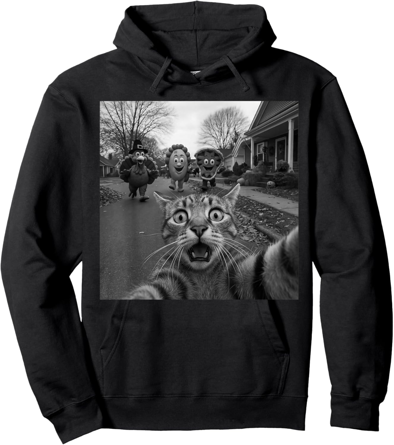 Funny Thanksgiving Surprised Scared Cat Selfie Turkey Mascot Hoodie - Hoodie | Black