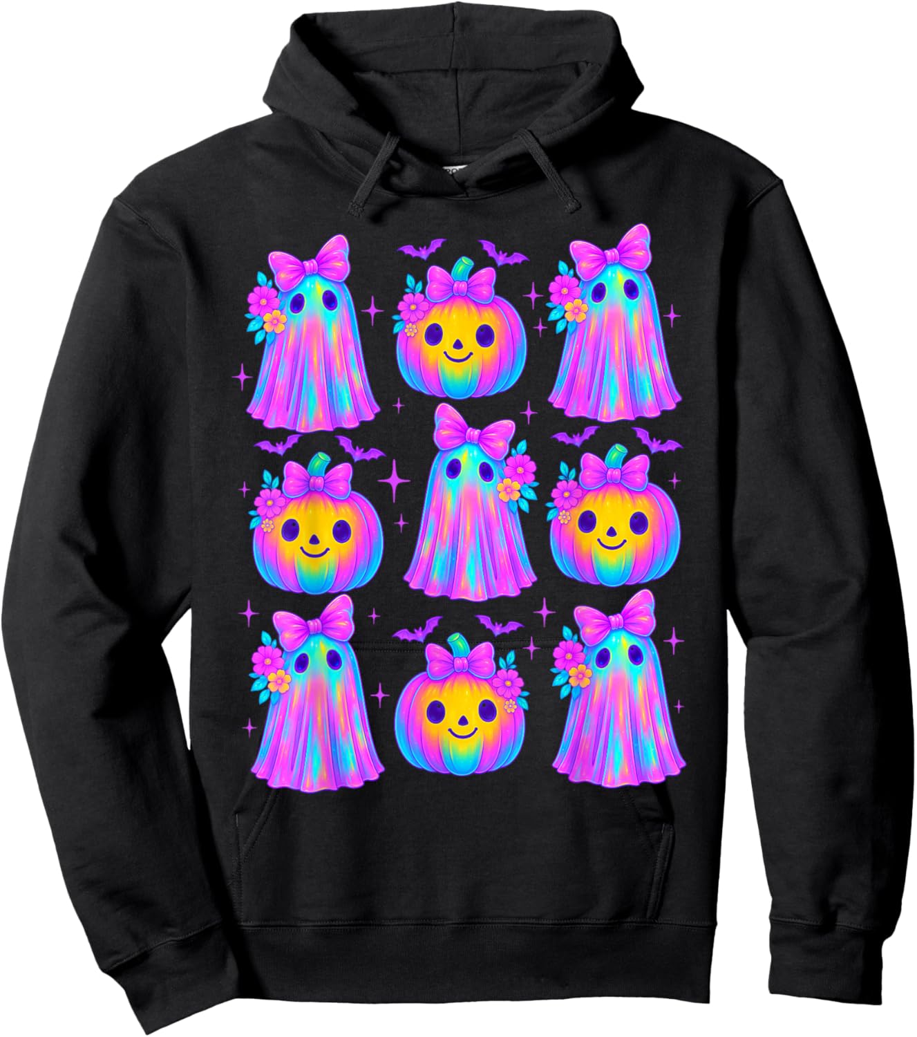 Cute Floral Ghost & Pumpkin Coquette Bow Halloween Hoodie - Hoodie | Black