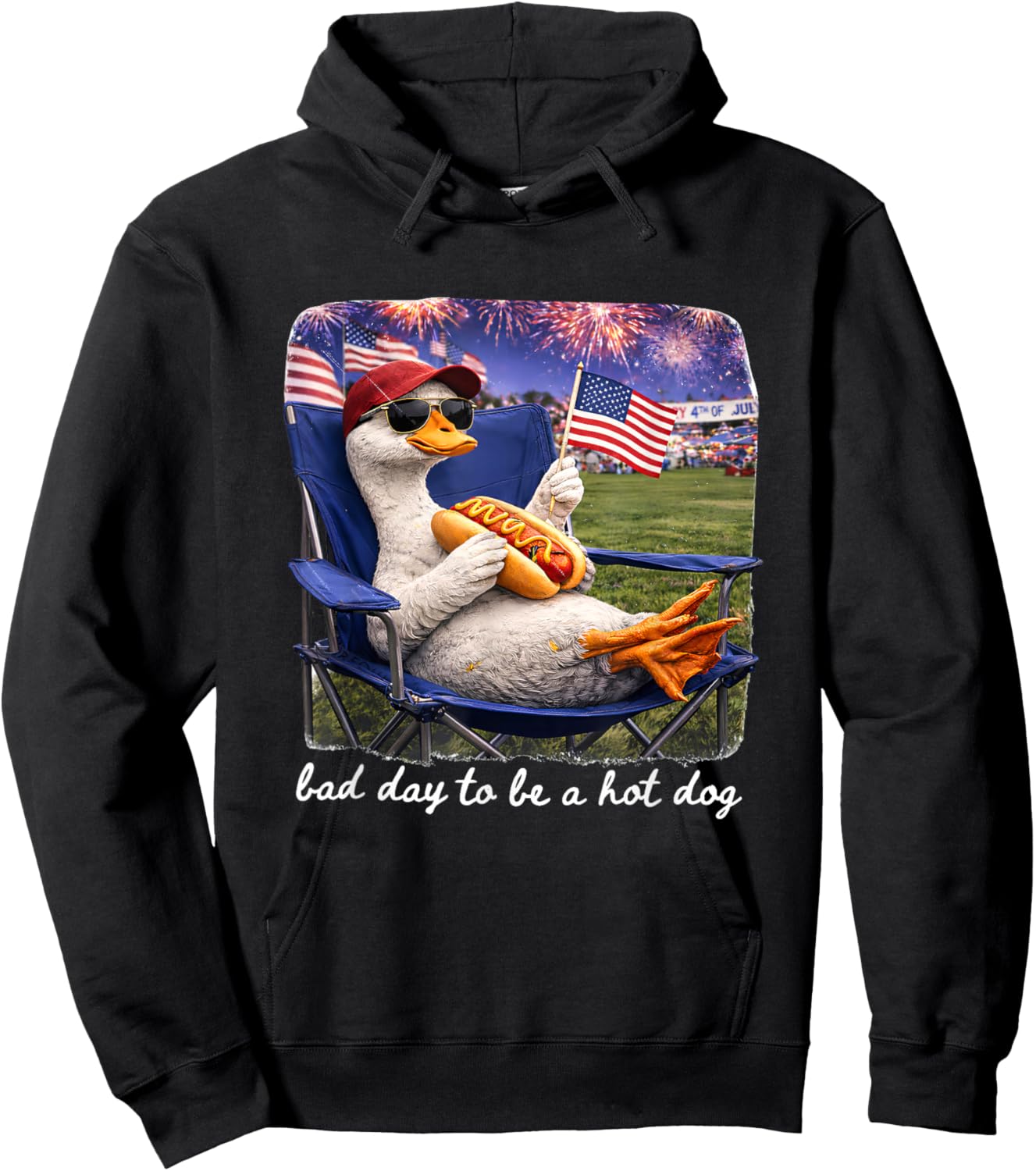 Bad Day to Be a Hotdog 4th of July Goose I Live Here Now Hoodie - Hoodie | Black