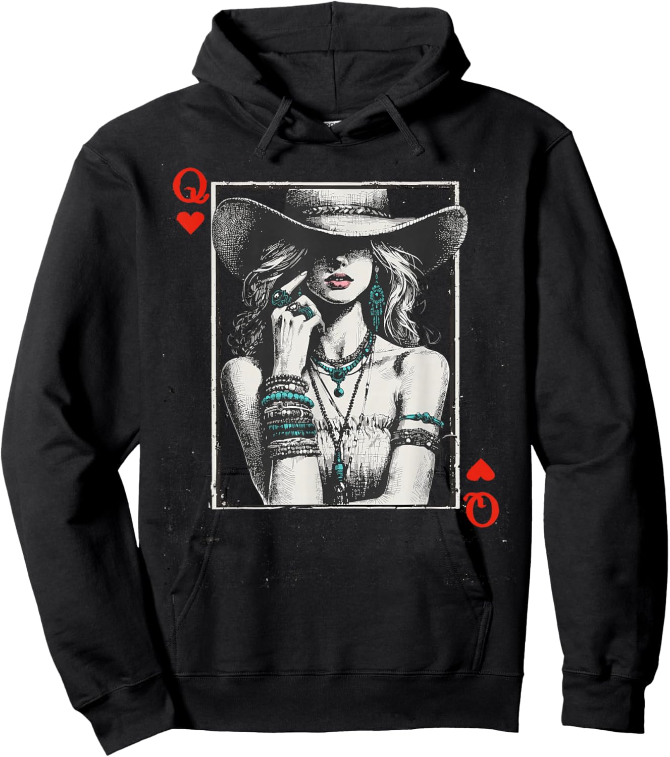 Western Cowgirl Valentine Queen of Hearts Card Vintage Style Hoodie - Hoodie | Black