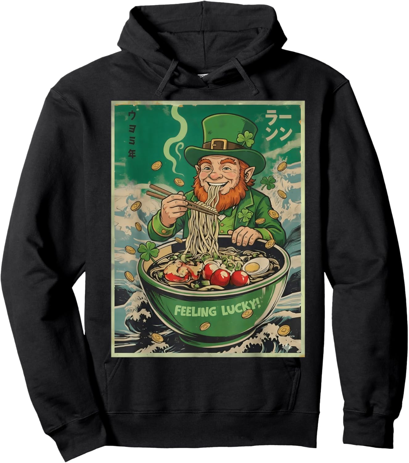 St Patrick Funny Leprechaun Lucky Chinese Ramen Men Women Hoodie - Hoodie | Black