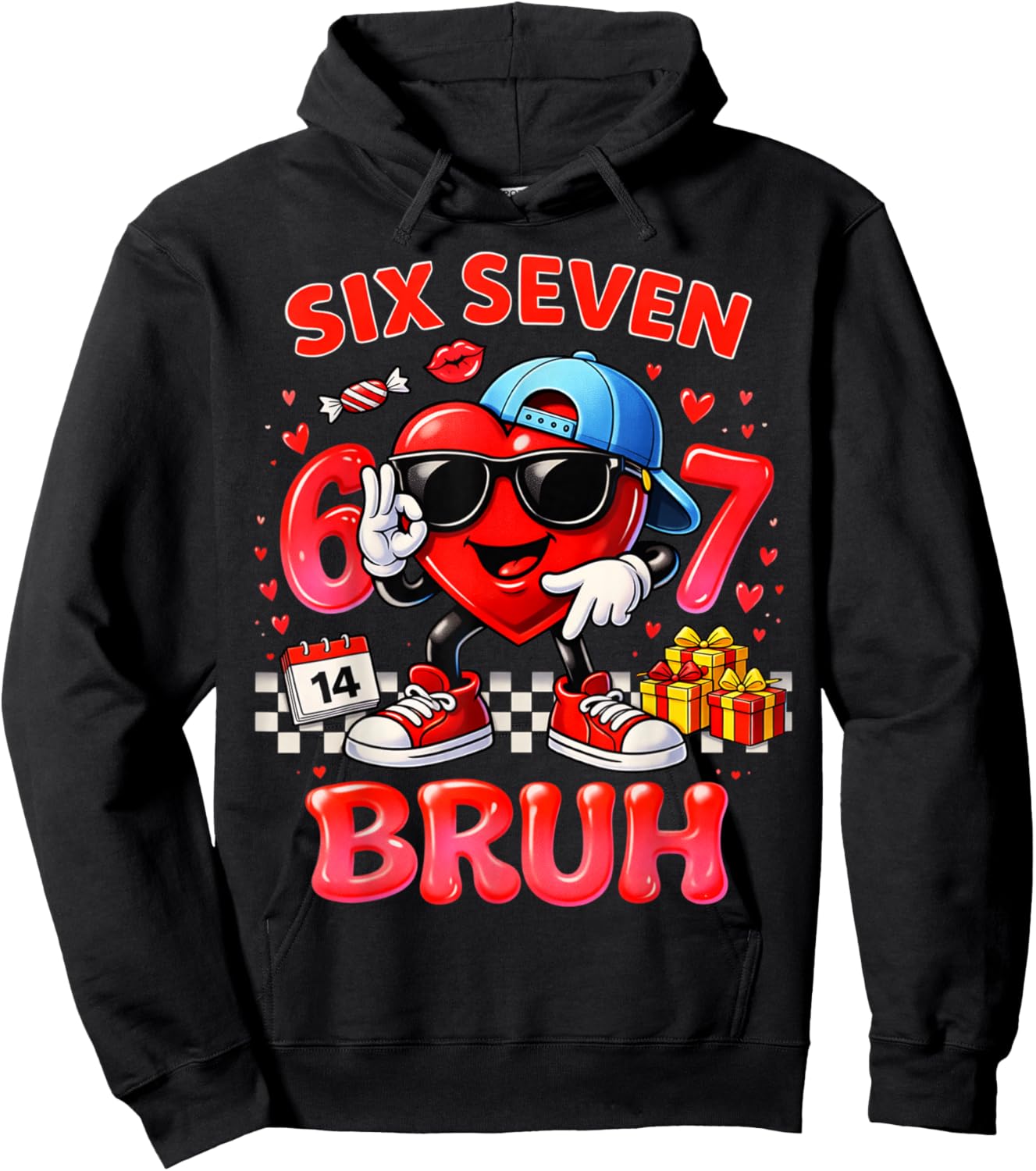 Six Seven Bruh Heart 67 Meme Valentines Day Kids Boys Youth Hoodie - Hoodie | Black