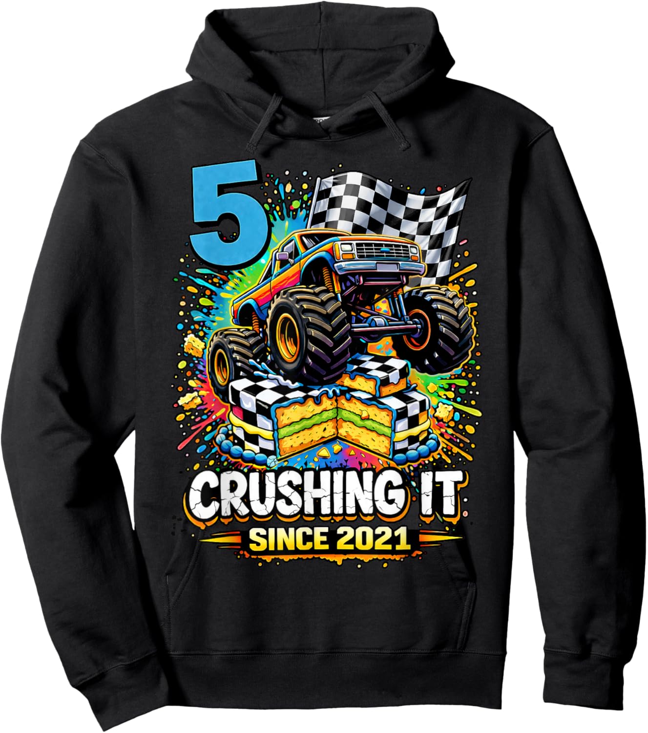 Birthday Monster Truck 5 Year Old Boys 5th Party Born 2021 Hoodie - Hoodie | Black