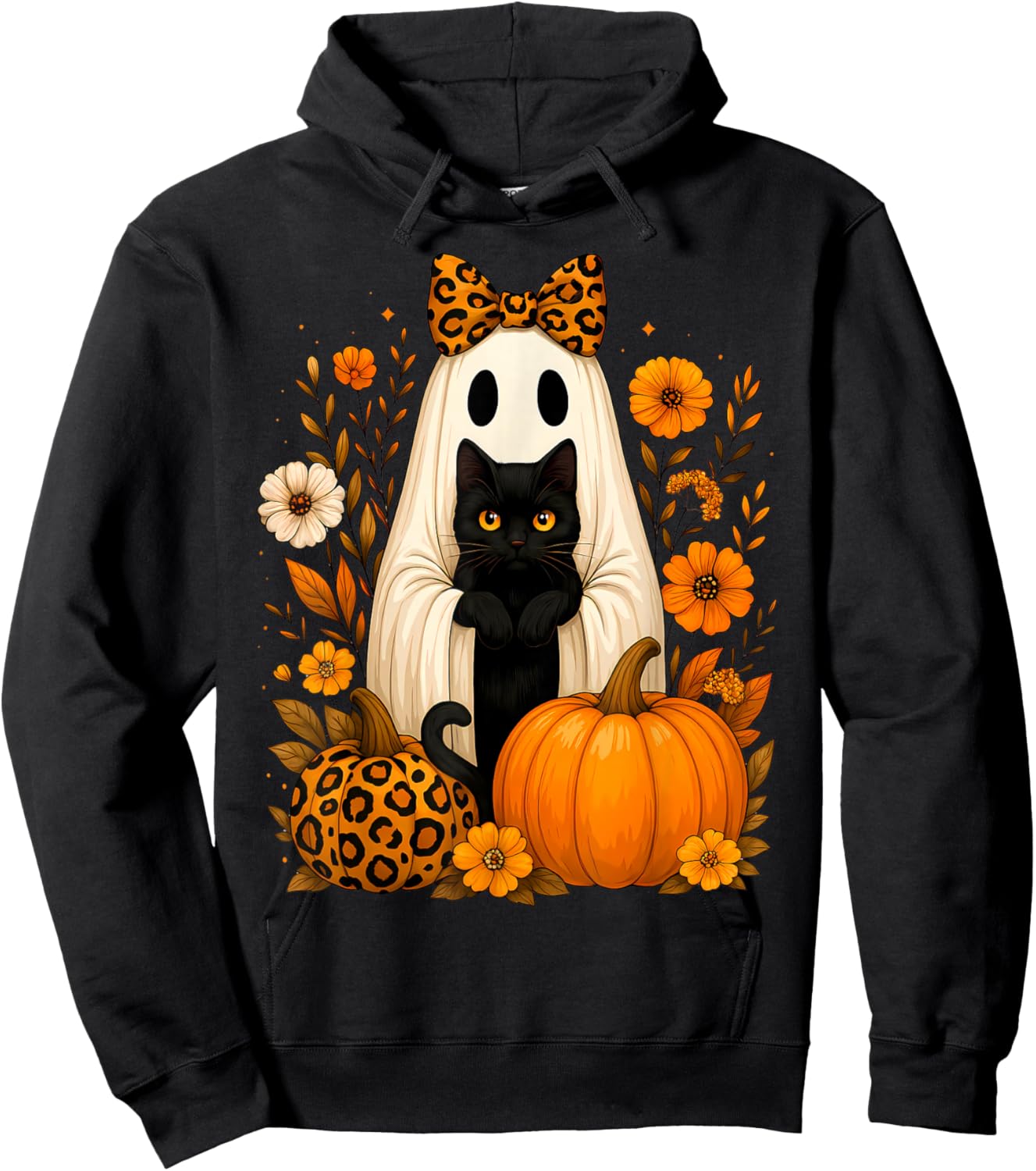 Ghost Holding Black Cat Leopard Print Autumn Halloween Women Hoodie - Hoodie | Black