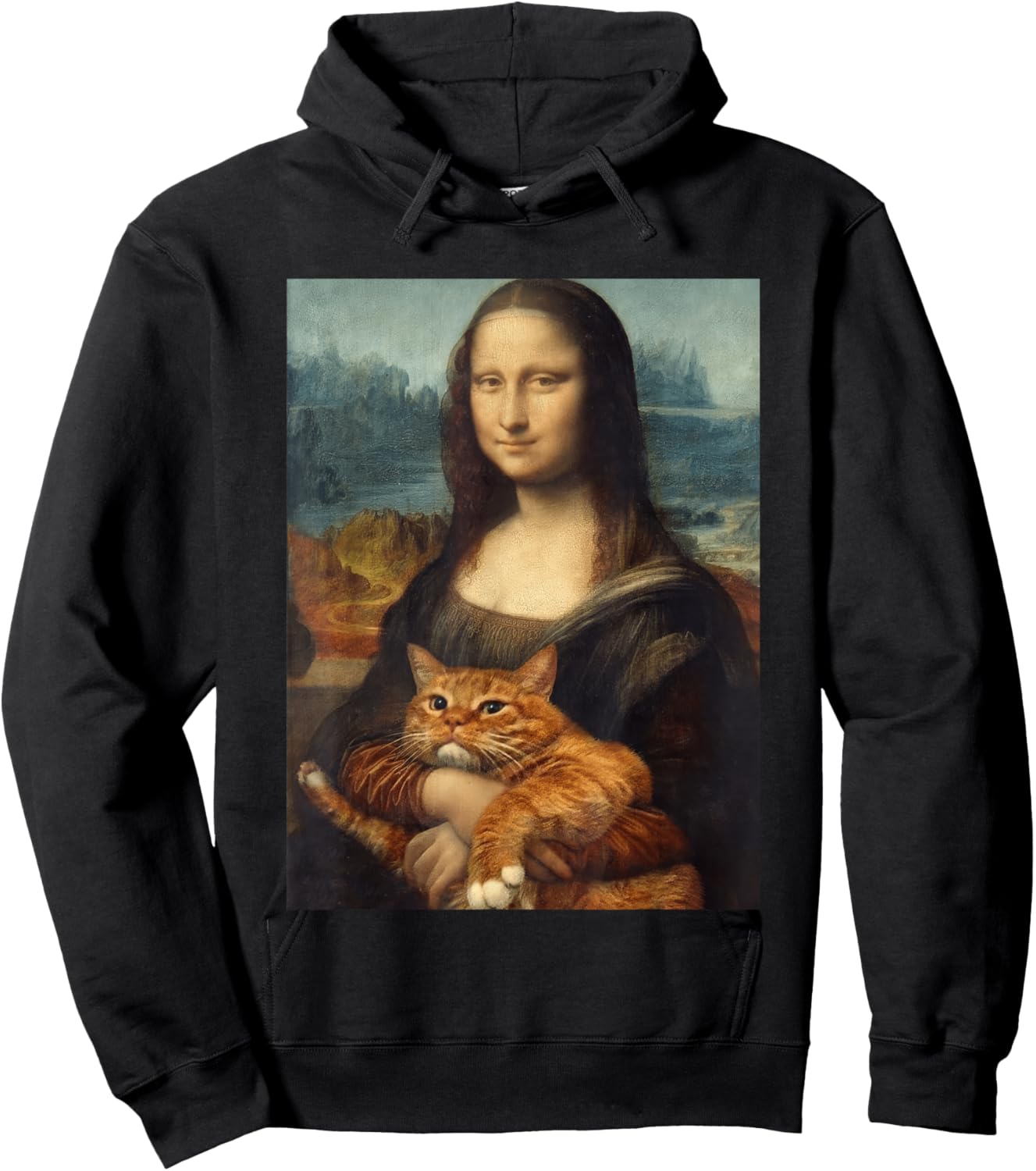 Funny Mona Lisa Holding Cat Meme Sarcastic Kitty Lover Hoodie - Hoodie | Black