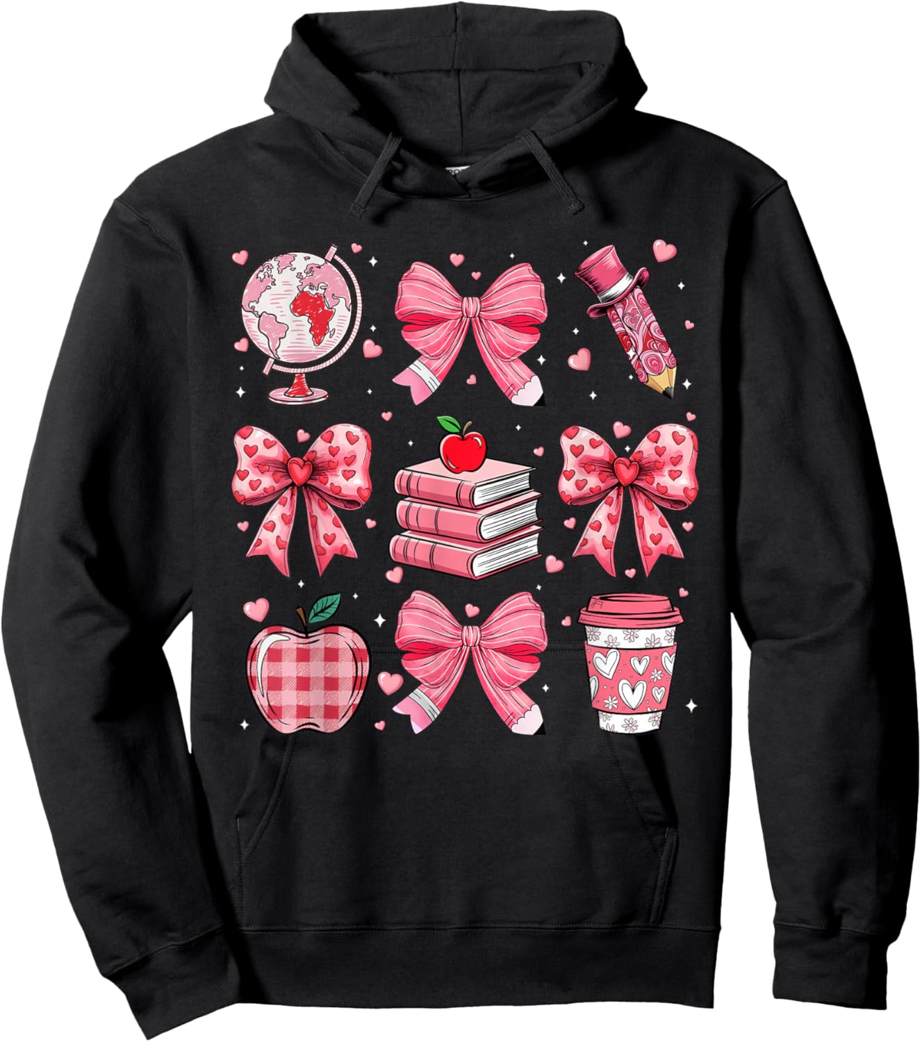Coquette Pink Bow Apple Teacher Appreciation Valentine Day Hoodie - Hoodie | Black