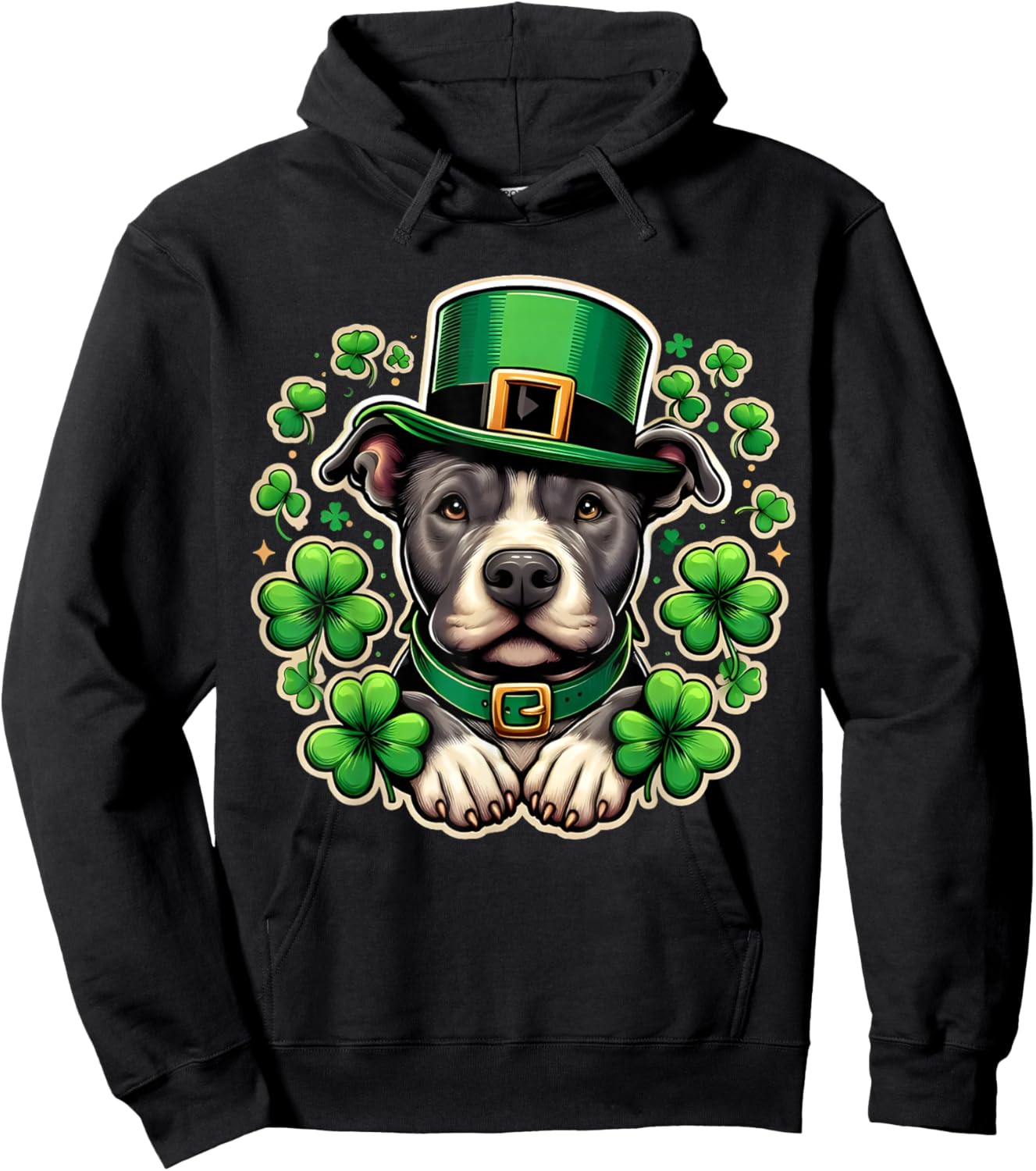 Funny Irish Pitbull Dog Shamrock St Patricks Day Luck Hoodie - Hoodie | Black