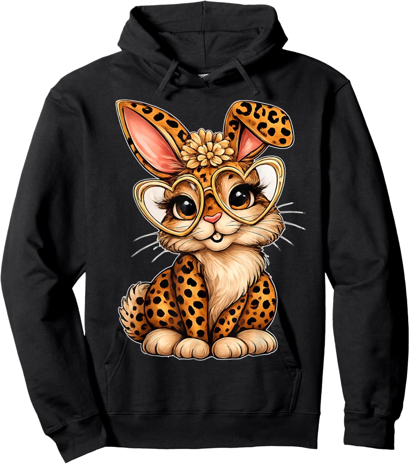 Cute Easter Leopard Bunny Heart Glasses Spring Vibes Hoodie - Hoodie | Black