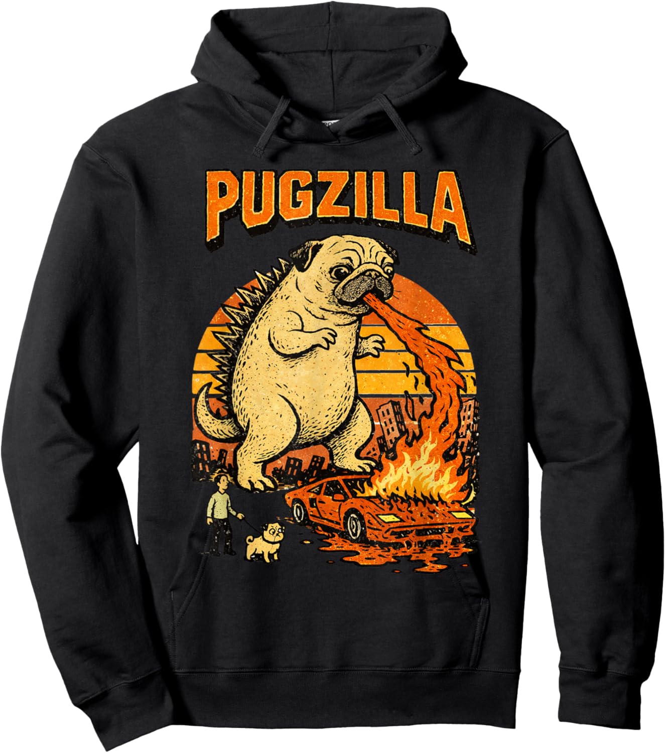 Pugzilla Funny Giant Pug Dog Meme Parody Illustration Hoodie - Hoodie | Black