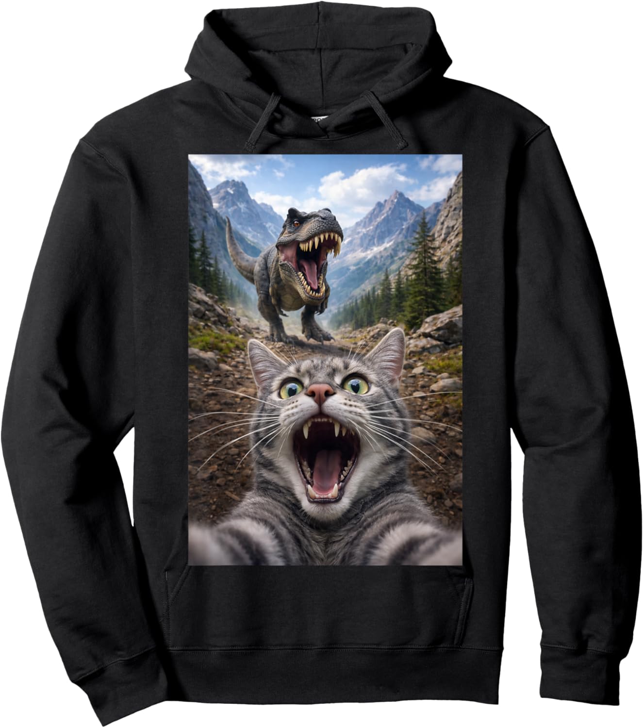 Funny Cat Selfie Running from T-Rex Dinosaur Hoodie - Hoodie | Black