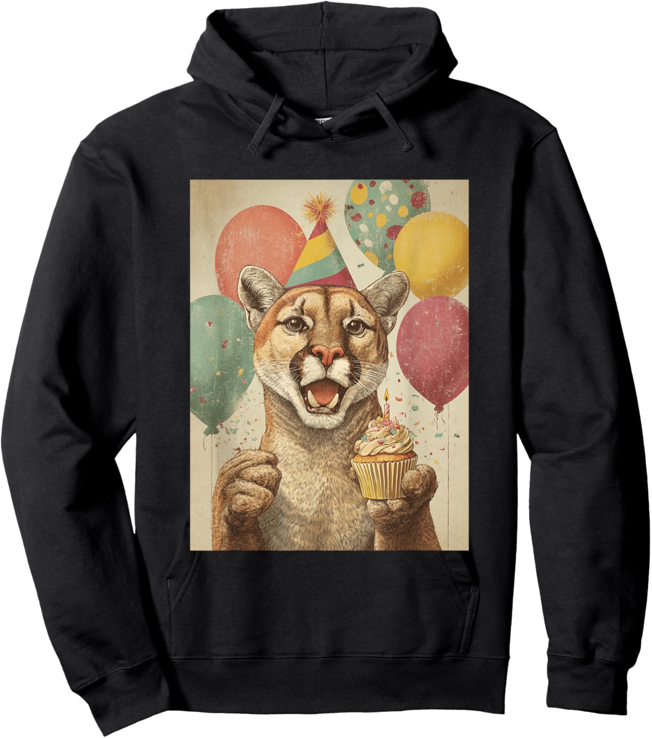 Mountain Lion Retro Art Print Birthday Party Cupcake Hoodie - Hoodie | Black