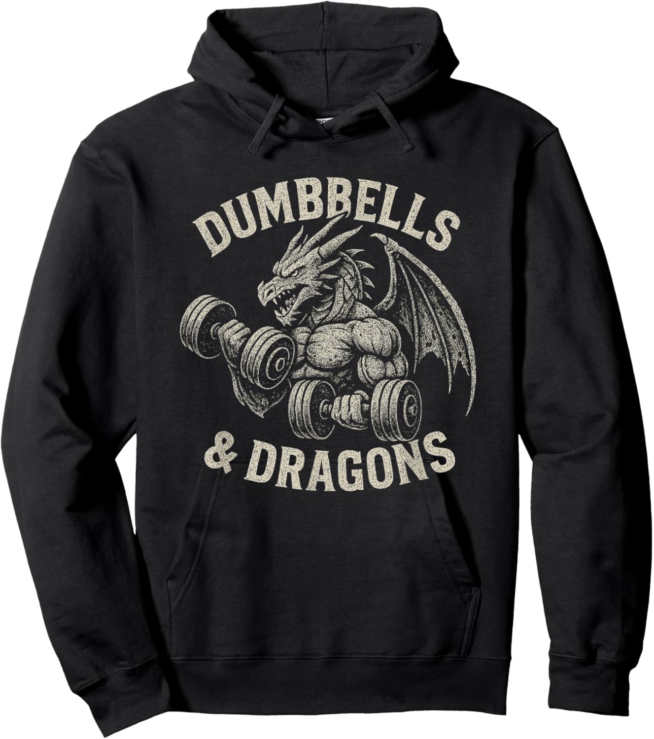Dumbbells and Dragons Distressed Workout Fantasy Design Hoodie - Hoodie | Black