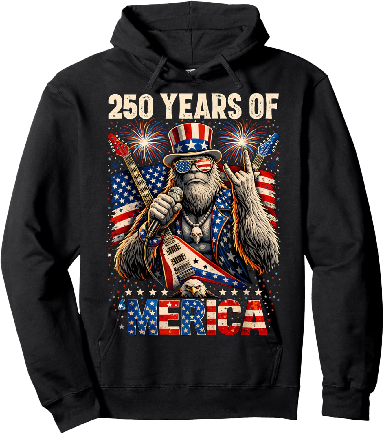 250 Years of Merica Patriotic Bigfoot Rock 4th of July USA Hoodie - Hoodie | Black